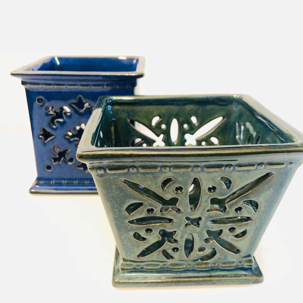 Vintage PartyLite Christmas Ceramic Blue/Green Snowflake Votive Holders Set of 2